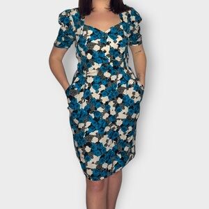 Vintage 1980s Designer Neiman Marcus Floral Silk, Blue, Black & White Dress